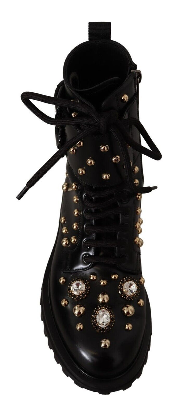 Dolce &amp; Gabbana Black Leather Crystal Ebellished Boots -kengät