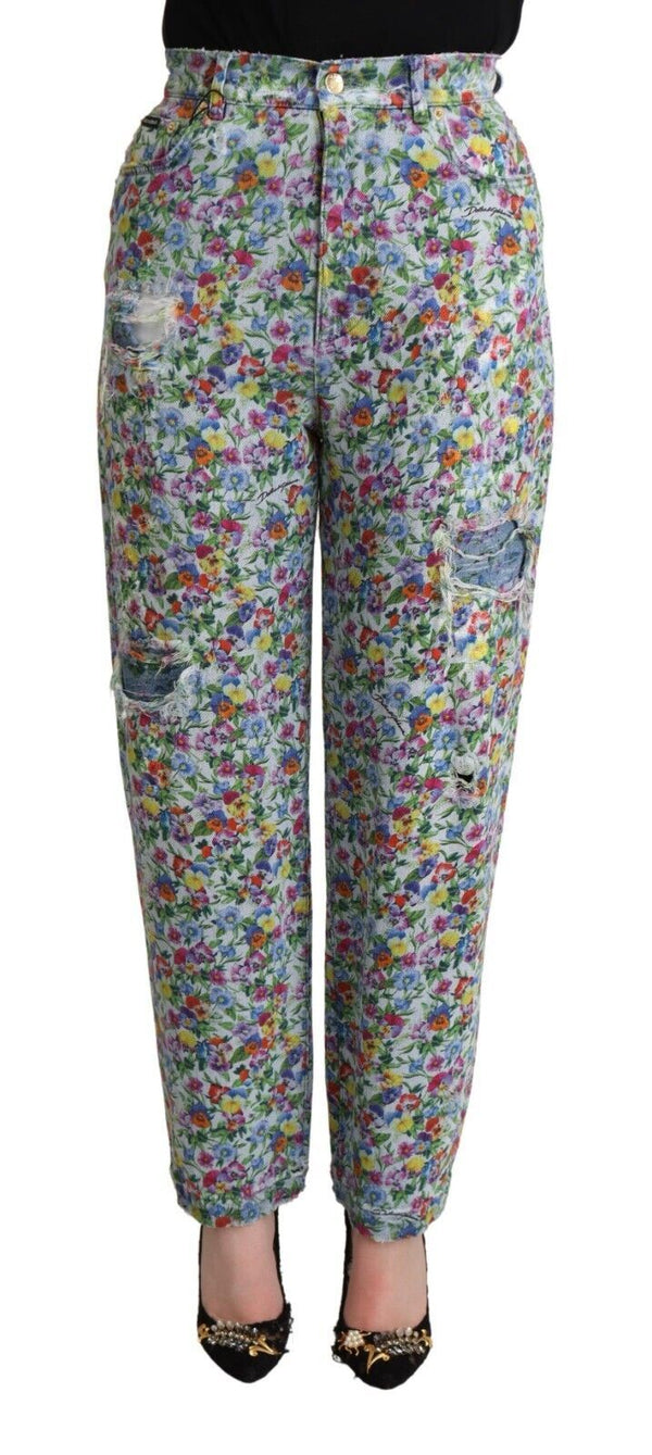 Dolce &amp; Gabbana Blue Floral Print High Waist Denim kartiomaiset farkut