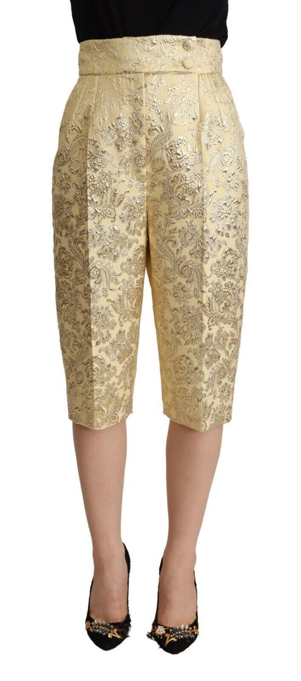 Dolce &amp; Gabbana beige kukkainen Brocade korkeavyötäröiset housut, leikatut housut