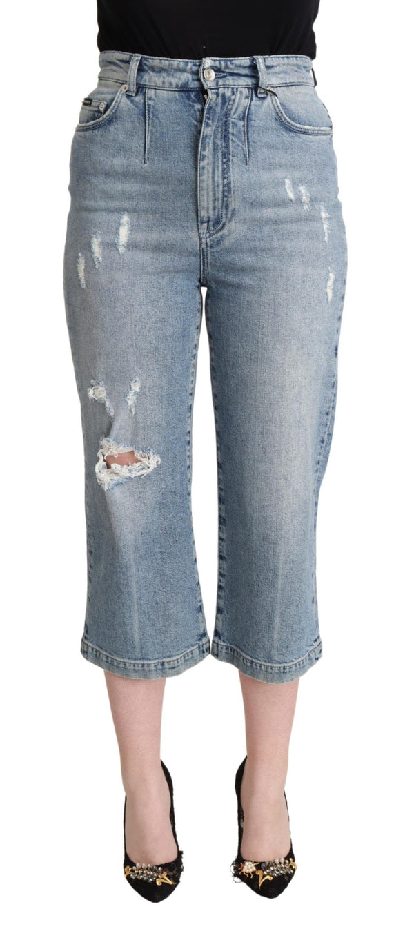 Dolce &amp; Gabbana Blue Tattered Cotton Denim Capri Cropped farkut