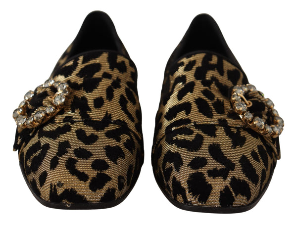 Dolce &amp; Gabbana Gold Leopard Print Crystals Loafers -kengät