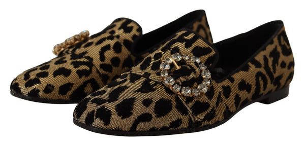 Dolce &amp; Gabbana Gold Leopard Print Crystals Loafers -kengät