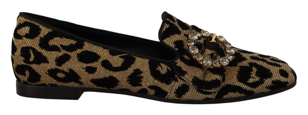 Dolce &amp; Gabbana Gold Leopard Print Crystals Loafers -kengät