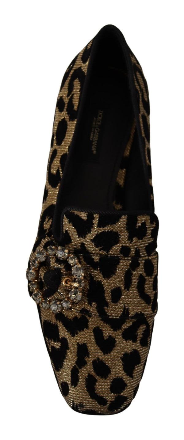 Dolce &amp; Gabbana Gold Leopard Print Crystals Loafers -kengät