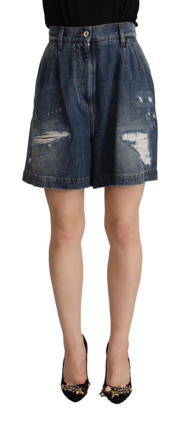 Dolce &amp; Gabbana Blue Distressed Cotton High Waist Bermuda Shortsit