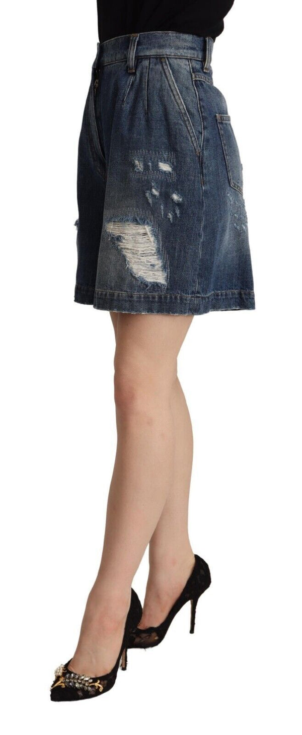 Dolce &amp; Gabbana Blue Distressed Cotton High Waist Bermuda Shortsit