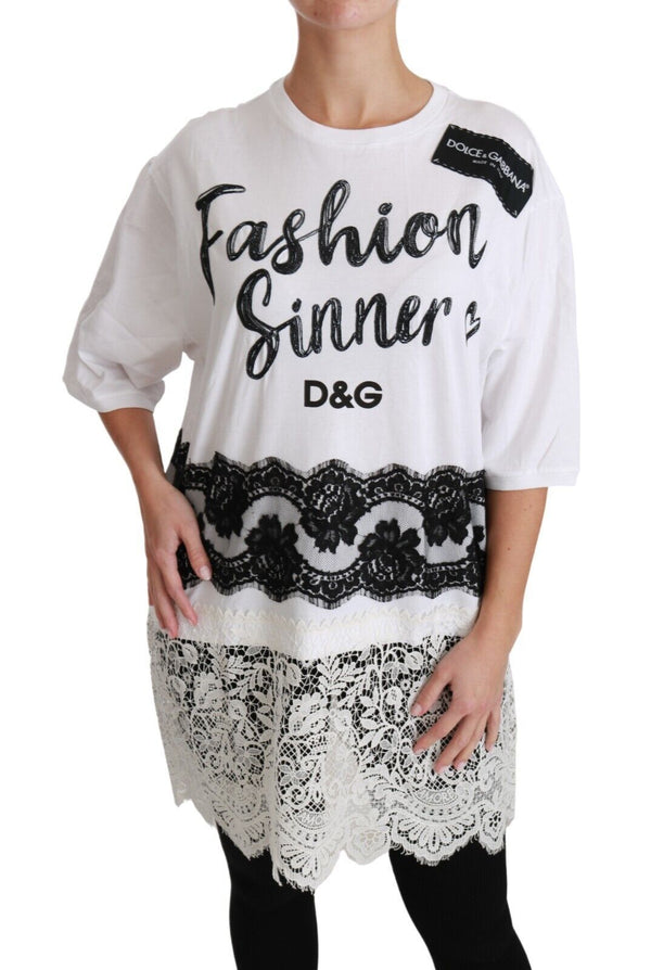 Dolce &amp; Gabbana White Fashion Sinner Cotton Lace T-paita Top