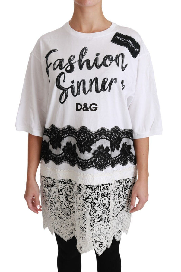 Dolce &amp; Gabbana White Fashion Sinner Cotton Lace T-paita Top