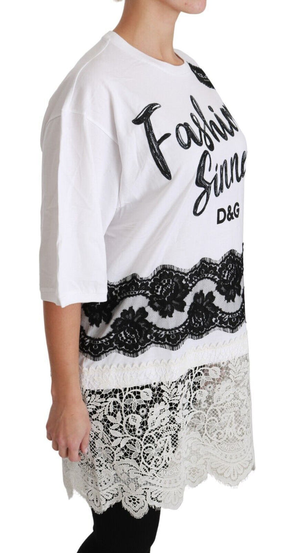 Dolce &amp; Gabbana White Fashion Sinner Cotton Lace T-paita Top