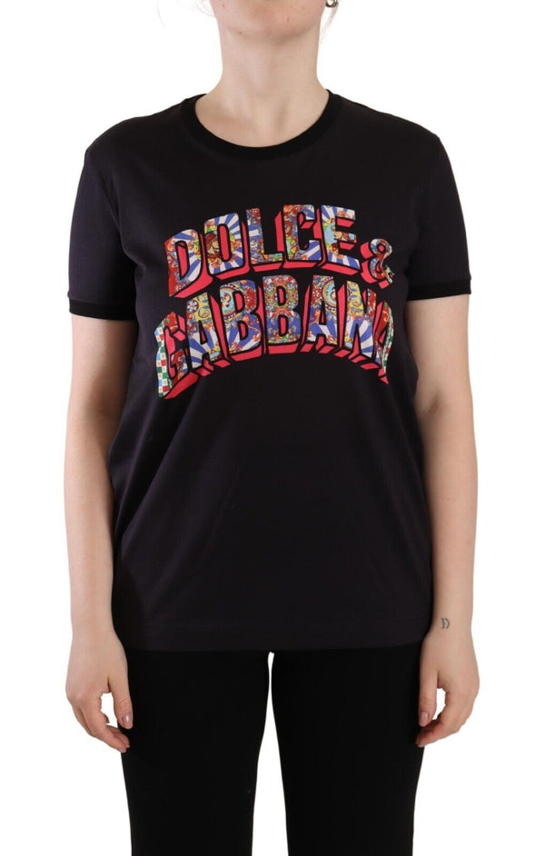 Dolce &amp; Gabbana Black Logo Print Cotton Crew Neck T-paita