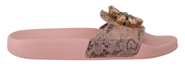 Dolce &amp; Gabbana Pink Lace Crystal Sandals Slides Beach Shoes