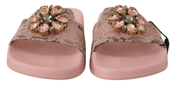 Dolce &amp; Gabbana Pink Lace Crystal Sandals Slides Beach Shoes