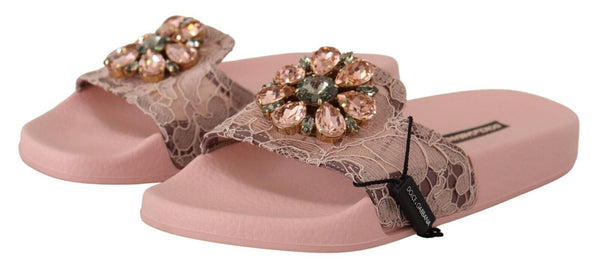 Dolce &amp; Gabbana Pink Lace Crystal Sandals Slides Beach Shoes