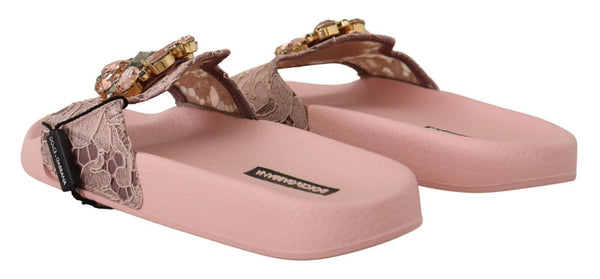 Dolce &amp; Gabbana Pink Lace Crystal Sandals Slides Beach Shoes