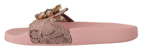 Dolce &amp; Gabbana Pink Lace Crystal Sandals Slides Beach Shoes