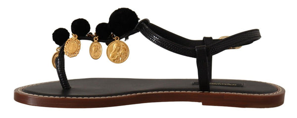 Dolce &amp; Gabbana Black Leather Coins Varvastossut Sandaalit Kengät