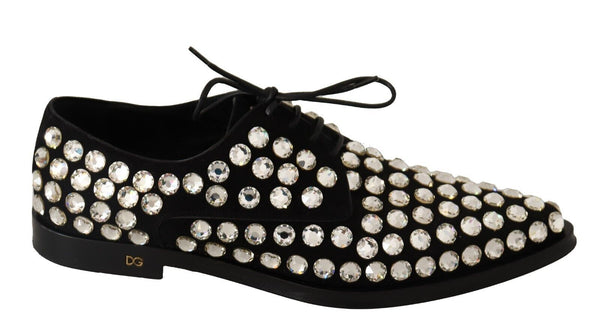 Dolce &amp; Gabbana Black Leather Crystals Lace Up Muodolliset kengät