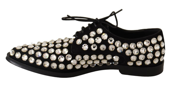 Dolce &amp; Gabbana Black Leather Crystals Lace Up Muodolliset kengät