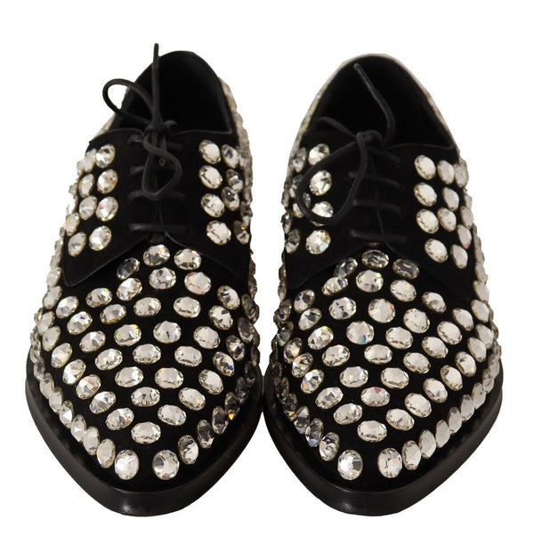 Dolce &amp; Gabbana Black Leather Crystals Lace Up Muodolliset kengät