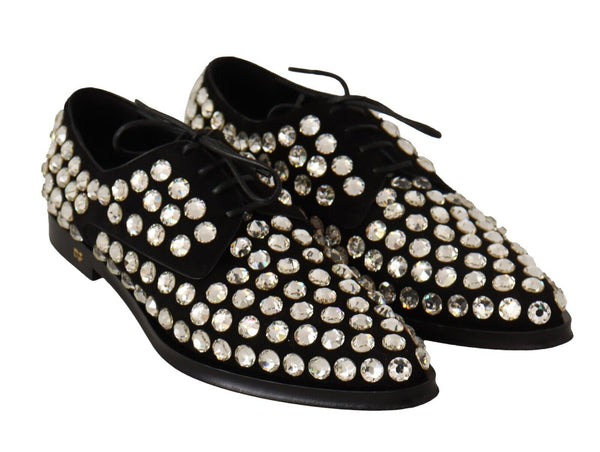 Dolce &amp; Gabbana Black Leather Crystals Lace Up Muodolliset kengät