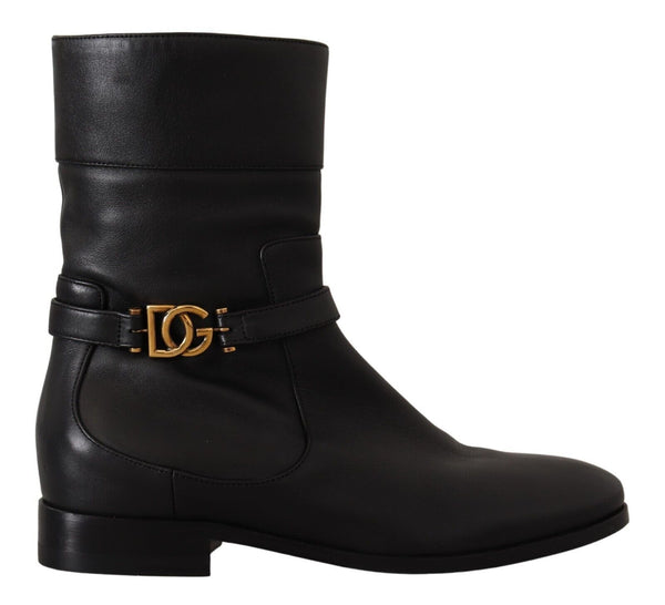 Dolce &amp; Gabbana Black Leather Flats Logo Short Boots -kengät