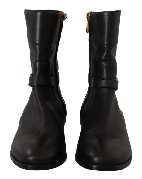 Dolce &amp; Gabbana Black Leather Flats Logo Short Boots -kengät