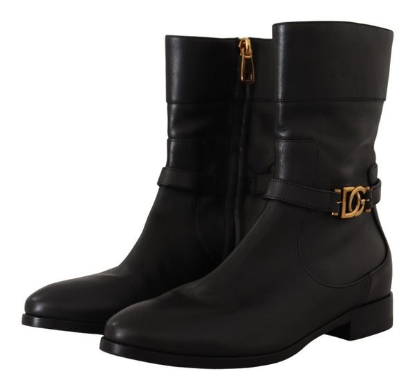 Dolce &amp; Gabbana Black Leather Flats Logo Short Boots -kengät