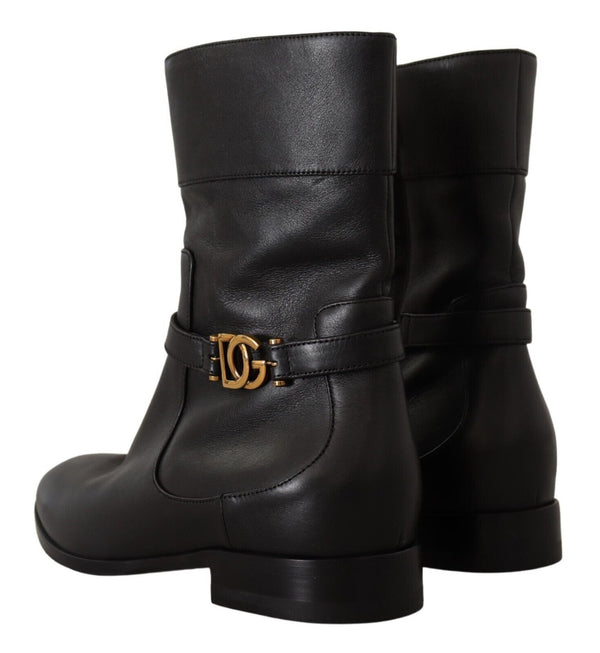 Dolce &amp; Gabbana Black Leather Flats Logo Short Boots -kengät