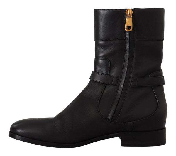 Dolce &amp; Gabbana Black Leather Flats Logo Short Boots -kengät