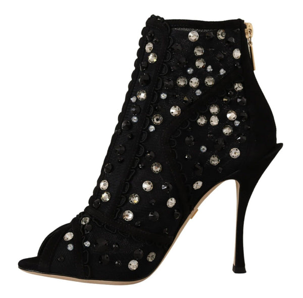 Dolce &amp; Gabbana Black Crystals Heels vetoketjulliset lyhyet saappaat kengät