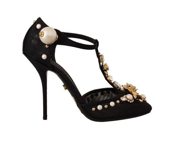 Dolce &amp; Gabbana Black Faux Pearl Crystal Vally Heels Sandals -kengät