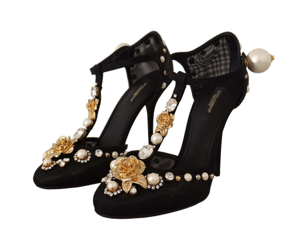 Dolce &amp; Gabbana Black Faux Pearl Crystal Vally Heels Sandals -kengät