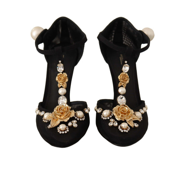 Dolce &amp; Gabbana Black Faux Pearl Crystal Vally Heels Sandals -kengät