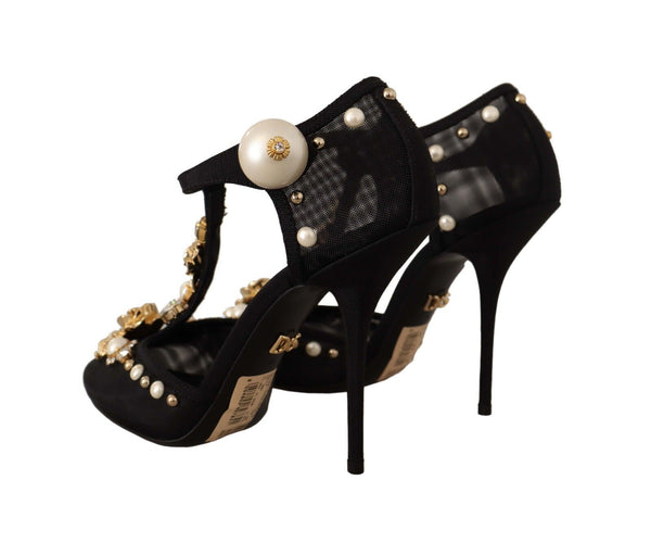 Dolce &amp; Gabbana Black Faux Pearl Crystal Vally Heels Sandals -kengät