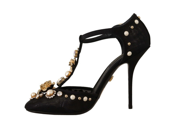 Dolce &amp; Gabbana Black Faux Pearl Crystal Vally Heels Sandals -kengät