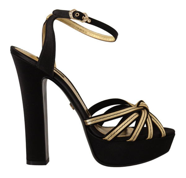 Dolce &amp; Gabbana Black Gold Viskoosi Nilkkahihna Heels Sandaalit Kengät