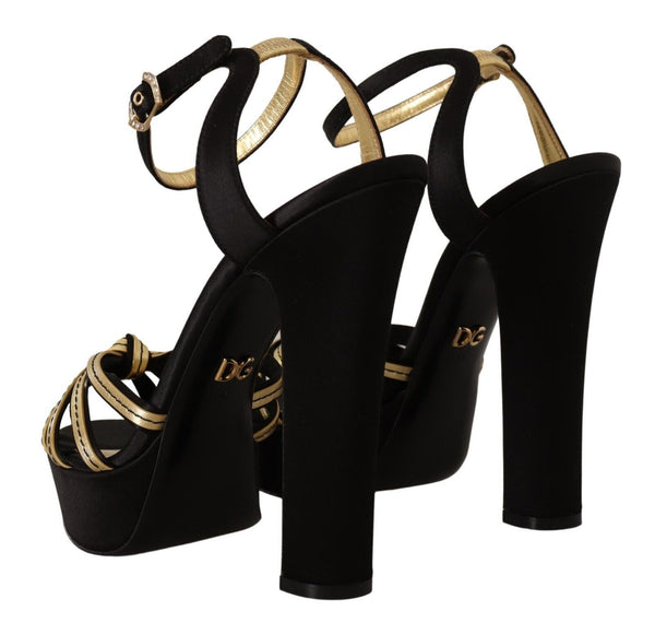 Dolce &amp; Gabbana Black Gold Viskoosi Nilkkahihna Heels Sandaalit Kengät