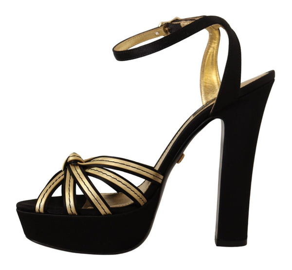 Dolce &amp; Gabbana Black Gold Viskoosi Nilkkahihna Heels Sandaalit Kengät