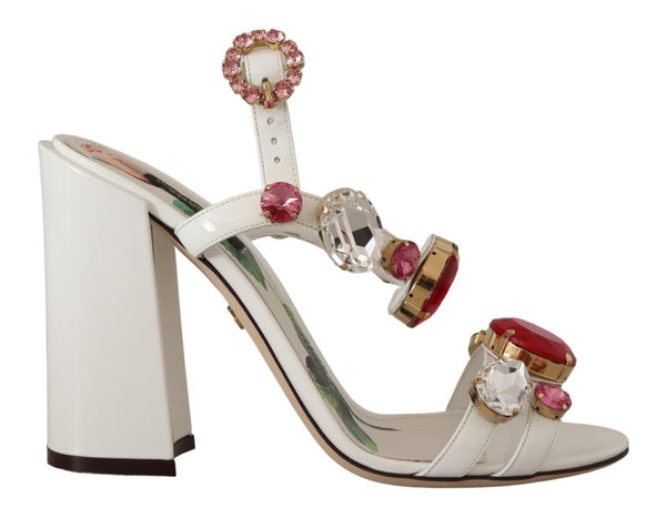 Dolce &amp; Gabbana White Leather Crystal Keira Heels Sandals -kengät