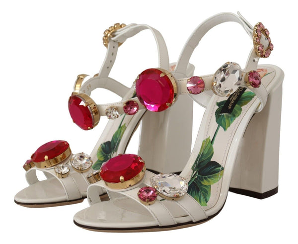 Dolce &amp; Gabbana White Leather Crystal Keira Heels Sandals -kengät