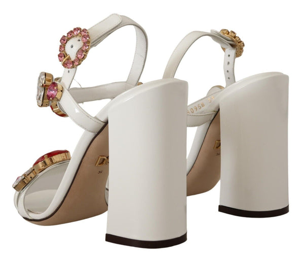 Dolce &amp; Gabbana White Leather Crystal Keira Heels Sandals -kengät