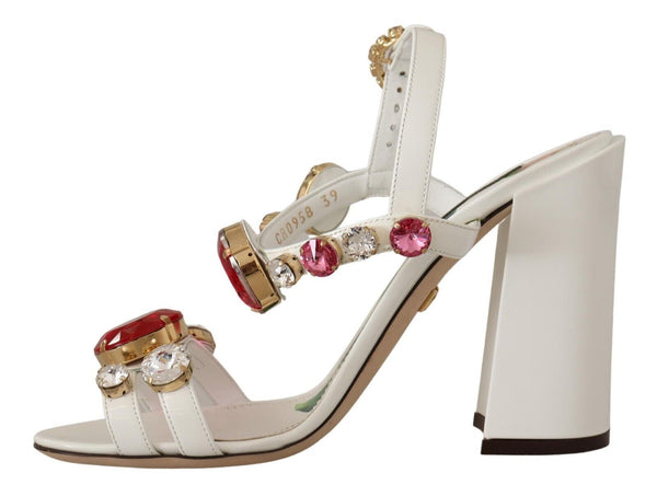 Dolce &amp; Gabbana White Leather Crystal Keira Heels Sandals -kengät