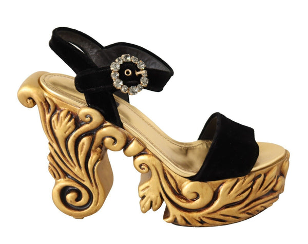 Dolce &amp; Gabbana Black Gold Baroque Velvet Heels -kristallikengät