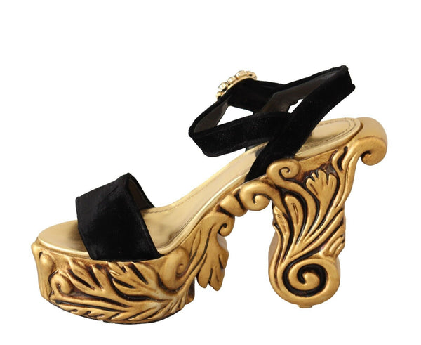 Dolce &amp; Gabbana Black Gold Baroque Velvet Heels -kristallikengät