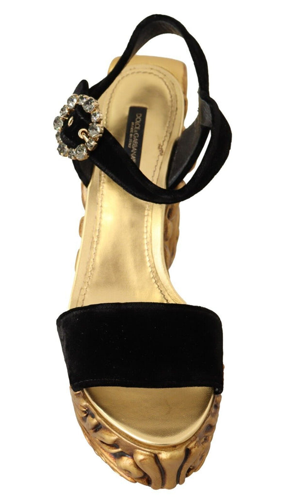 Dolce &amp; Gabbana Black Gold Baroque Velvet Heels -kristallikengät