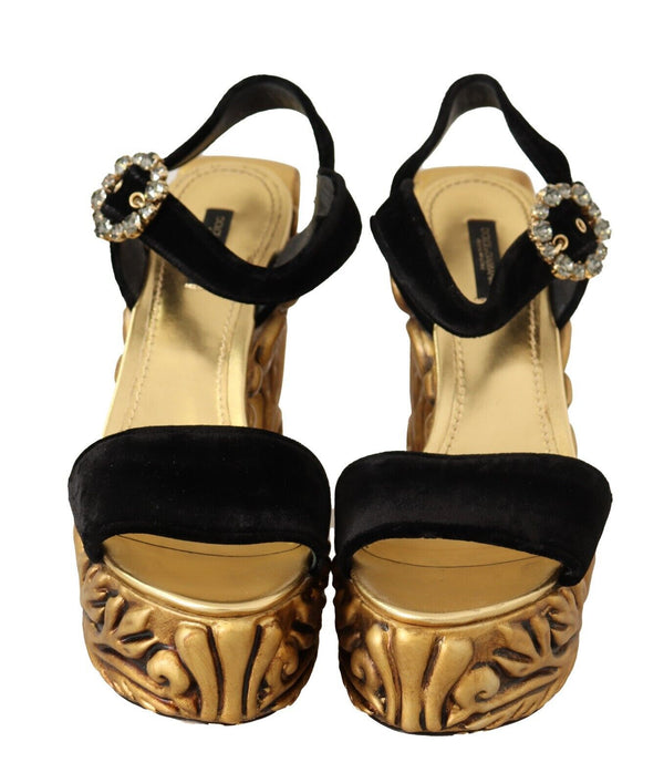 Dolce &amp; Gabbana Black Gold Baroque Velvet Heels -kristallikengät