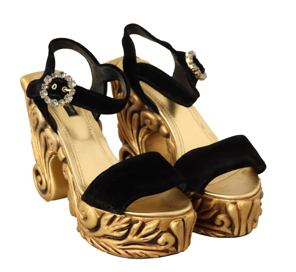 Dolce &amp; Gabbana Black Gold Baroque Velvet Heels -kristallikengät