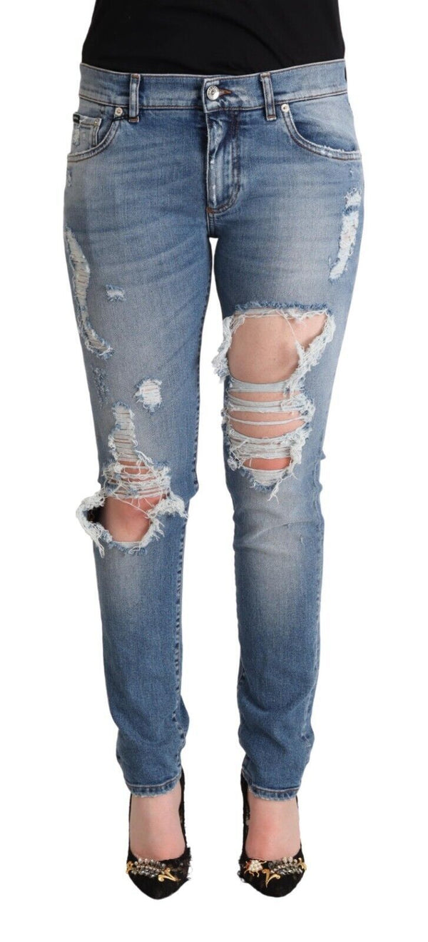 Dolce &amp; Gabbana Blue Distressed Cotton Denim Skinny Farkut