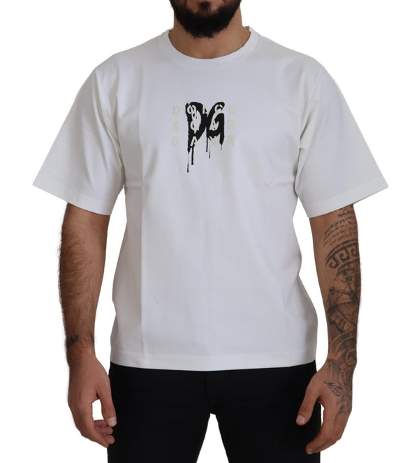 Dolce &amp; Gabbana White Logo Print Cotton Crewneck T-paita