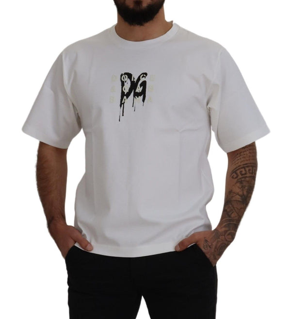 Dolce &amp; Gabbana White Logo Print Cotton Crewneck T-paita